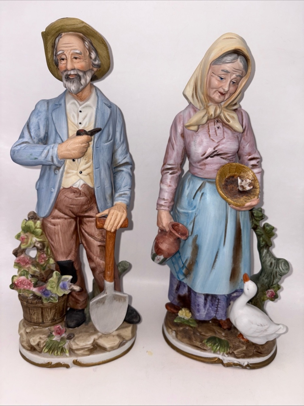 Home Interior Porcelain Farmer & Farmer's Wife Figurine Set - Blue, Pink, Cream
